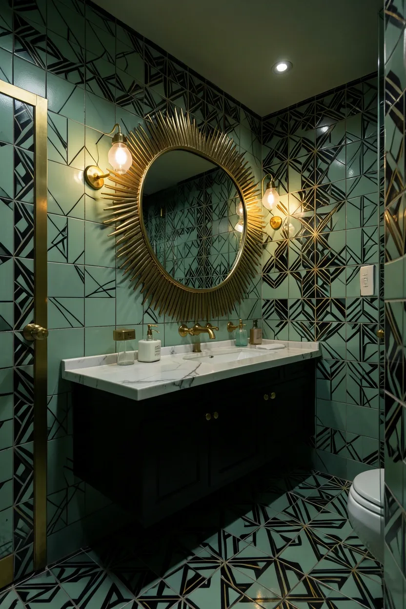 Art Deco sage green bathroom with geometric black and gold floor tiles, brass sunburst mirror, and freestanding tub