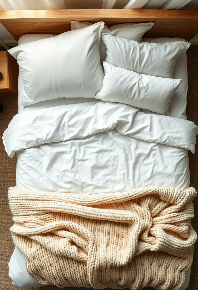 Hyper-realistic top-down angled view of a bed featuring layered neutral bedding. Materials: crisp white linen fitted sheet, white duvet with subtle visible texture, chunky knit throw blanket in warm cream at foot of bed, two white pillows with linen texture, one lumbar pillow in soft gray. Light oak bed frame visible at edges. Soft natural light from window enhancing fabric textures. Calm uncluttered arrangement with mindful layering. Sharp details on textile weave foreground.</p>