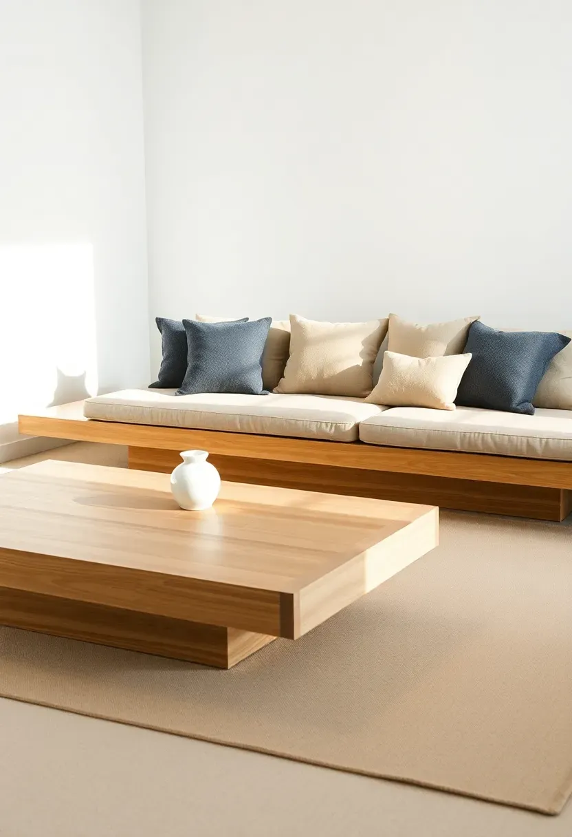 Hyper-realistic wide shot of minimalist Japandi living room with low platform sofa featuring continuous light oak base extending to form coffee table, beige linen cushions, wool throw pillows. Materials: warm white walls, light oak platform, beige linen upholstery, charcoal gray wool pillows, white ceramic vase. Soft natural daylight, subtle shadows emphasizing platform's low profile, serene and unified atmosphere. Sharp details on wood grain and fabric texture, clean composition, no clutter, no text, no watermarks.</p>