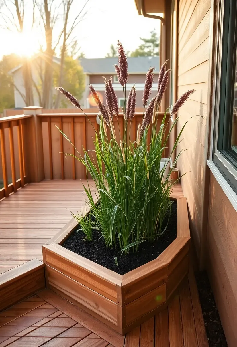 L-shaped split-level backyard deck with a built-in planter wall filled with ornamental grasses separating the upper and lower sections
