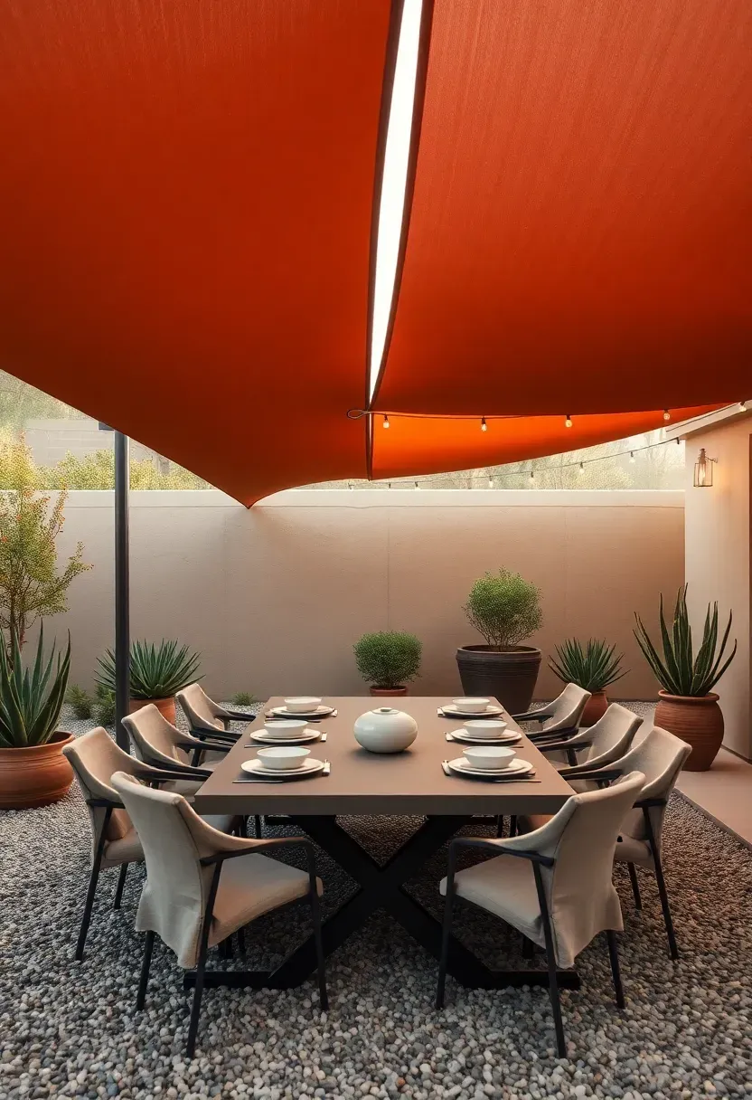 Modern shade sail canopy in terracotta and cream stretched over an outdoor dining table set for six with string lights and potted agaves in an Arizona patio