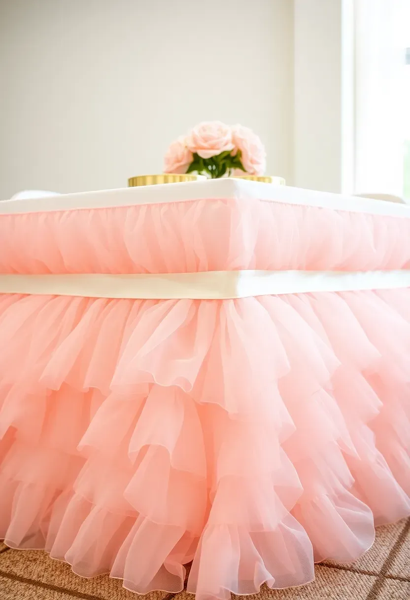 romantic tulle table skirt in soft pink gathered in elegant ruffles around a baby shower dessert table with gold accents