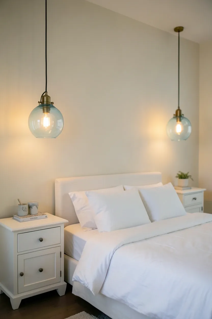 Hyper-realistic eye-level photograph of bedroom featuring two light blue glass pendant lights suspended above white nightstands. Warm amber glow from lights, neutral cream walls, white bedding on queen bed, minimal accessories on nightstands. Materials: blue glass pendant shades, brass fixtures, white painted wood nightstands, cotton bedding. Warm ambient lighting, modern elegant atmosphere. Shallow depth of field, sharp details on pendant glass and fixtures, balanced composition showing lights and nightstands. No text, no logos, no watermarks.</p>
