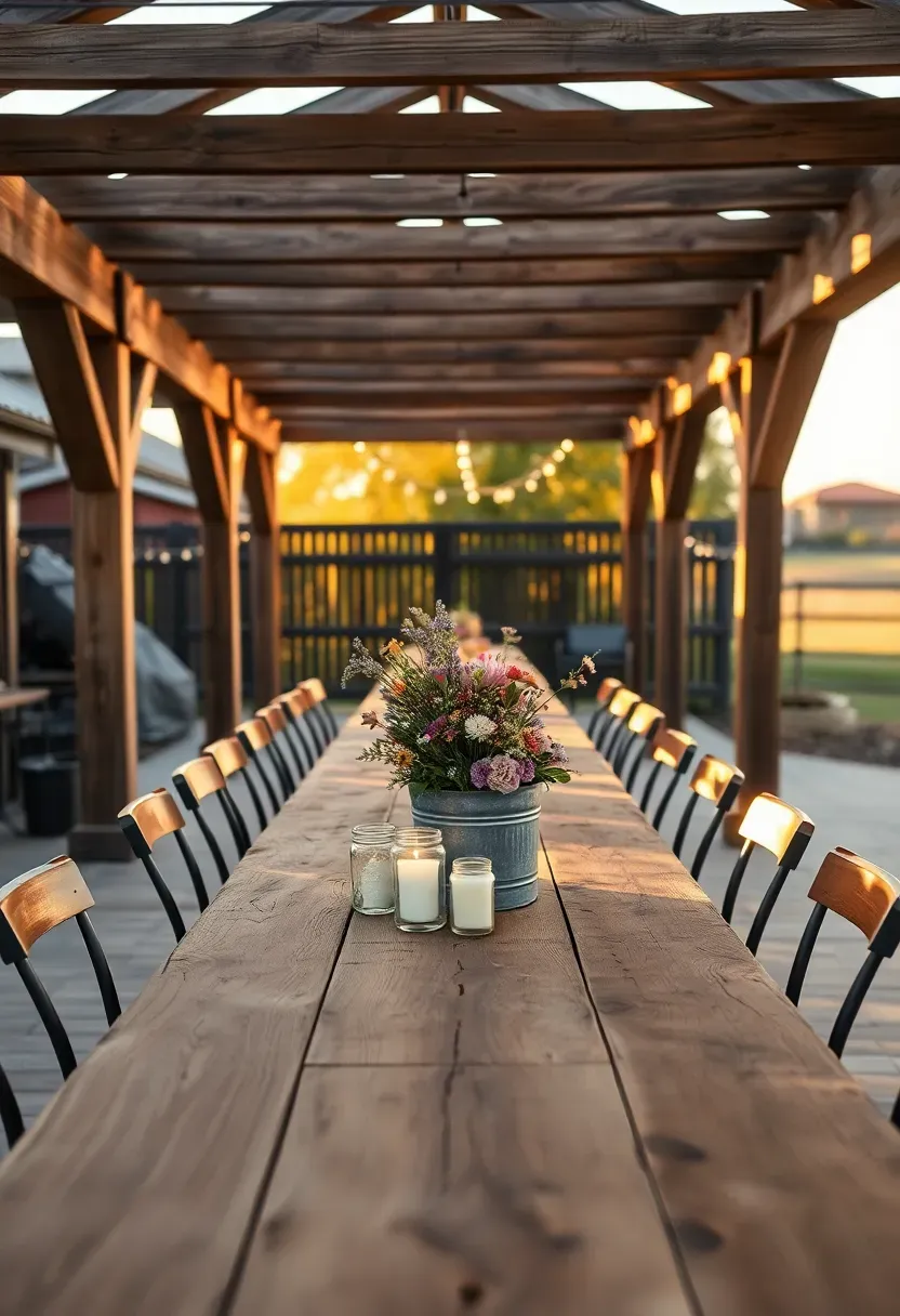 Rustic farmhouse terrace with a heavy timber frame pergola, weathered wood dining table, mason jar candles, and wildflower centerpiece in golden hour light