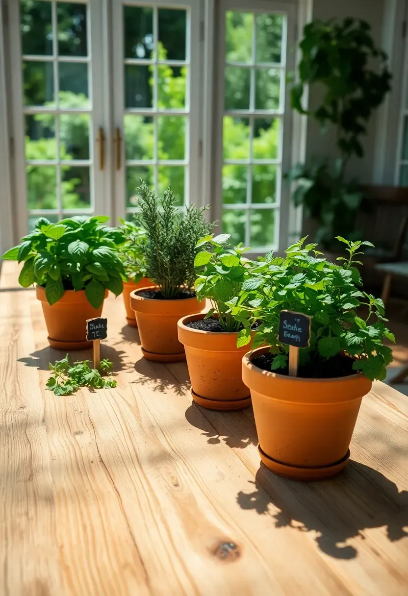 Rustic wooden table in a sunroom holding terra cotta pots with fresh herbs like basil, rosemary, and mint