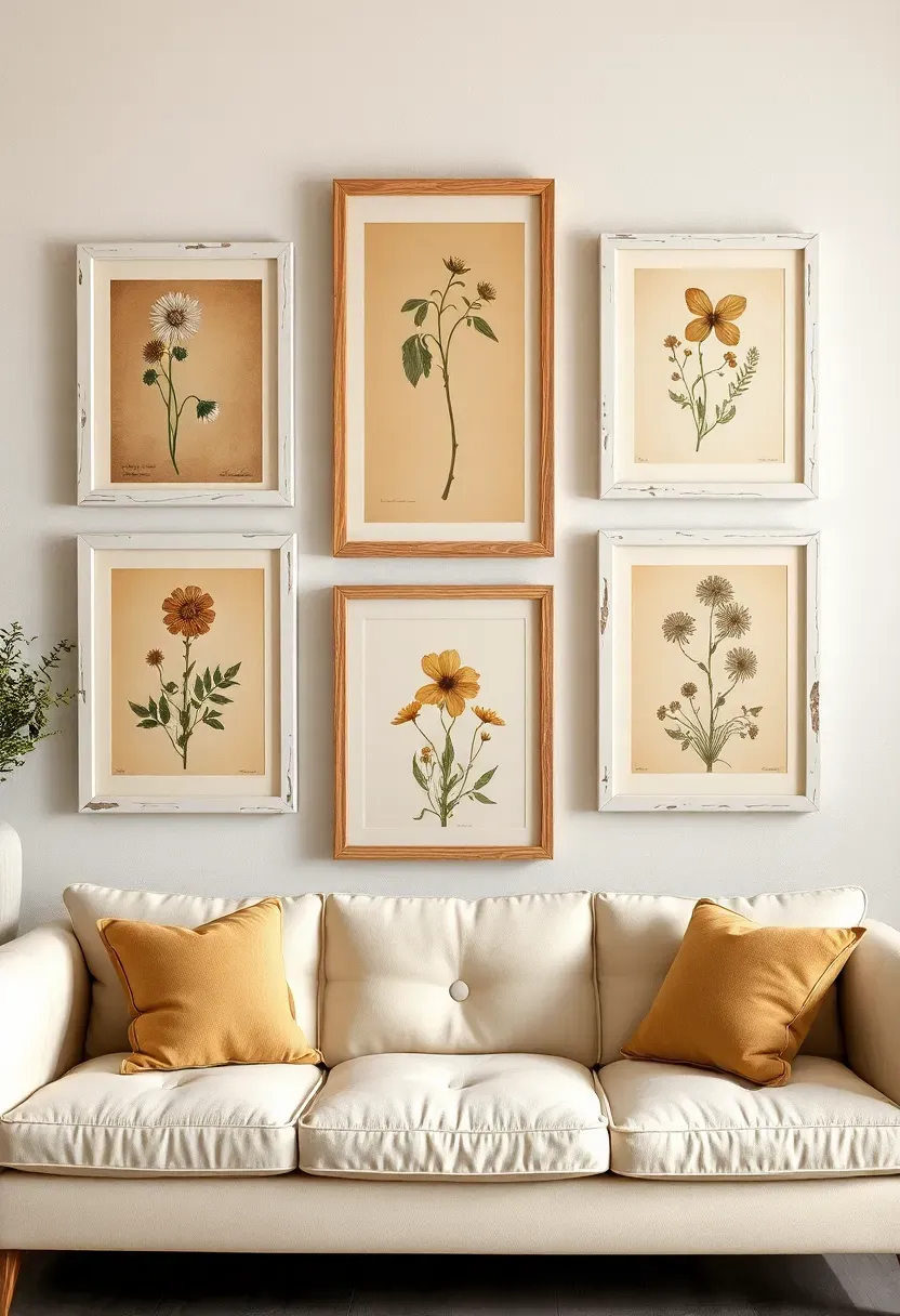 Gallery of botanical prints in distressed wooden frames above a vintage sofa