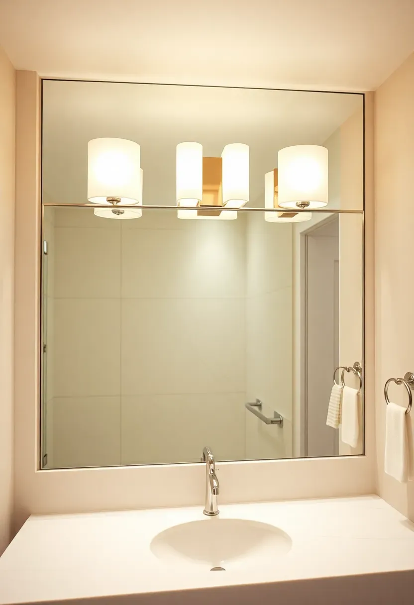 Three frosted glass cylinder sconces in a row above a wide rectangular mirror in a hotel-style bathroom with marble countertop
