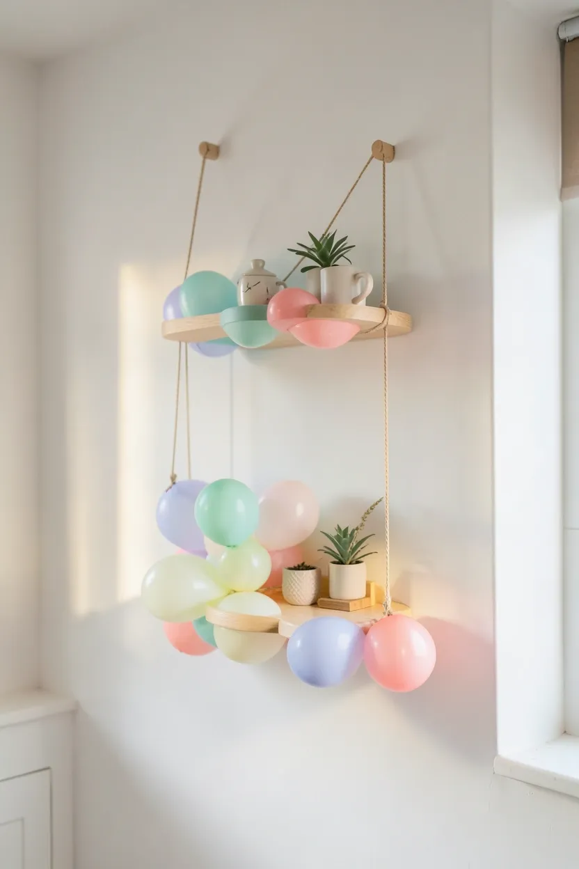 Balloon-themed bathroom accessories with colorful balloon-shaped shelf and wall decals in a light airy kids bathroom