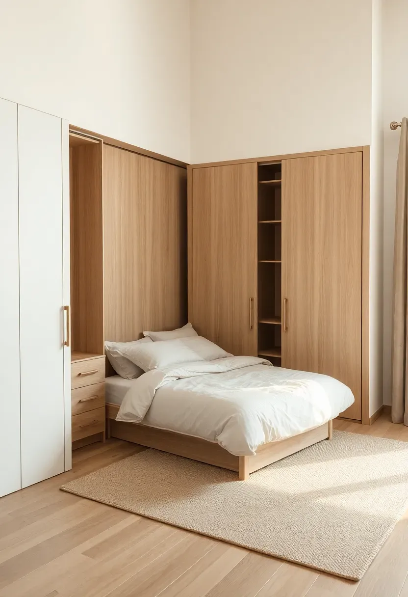 Corner bed with L-shaped wardrobe and sliding doors