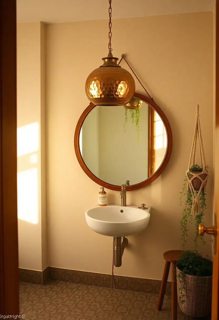 Hammered copper bowl pendant with patina above a circular mirror in a boho bathroom with macrame plant hangers and patterned tile