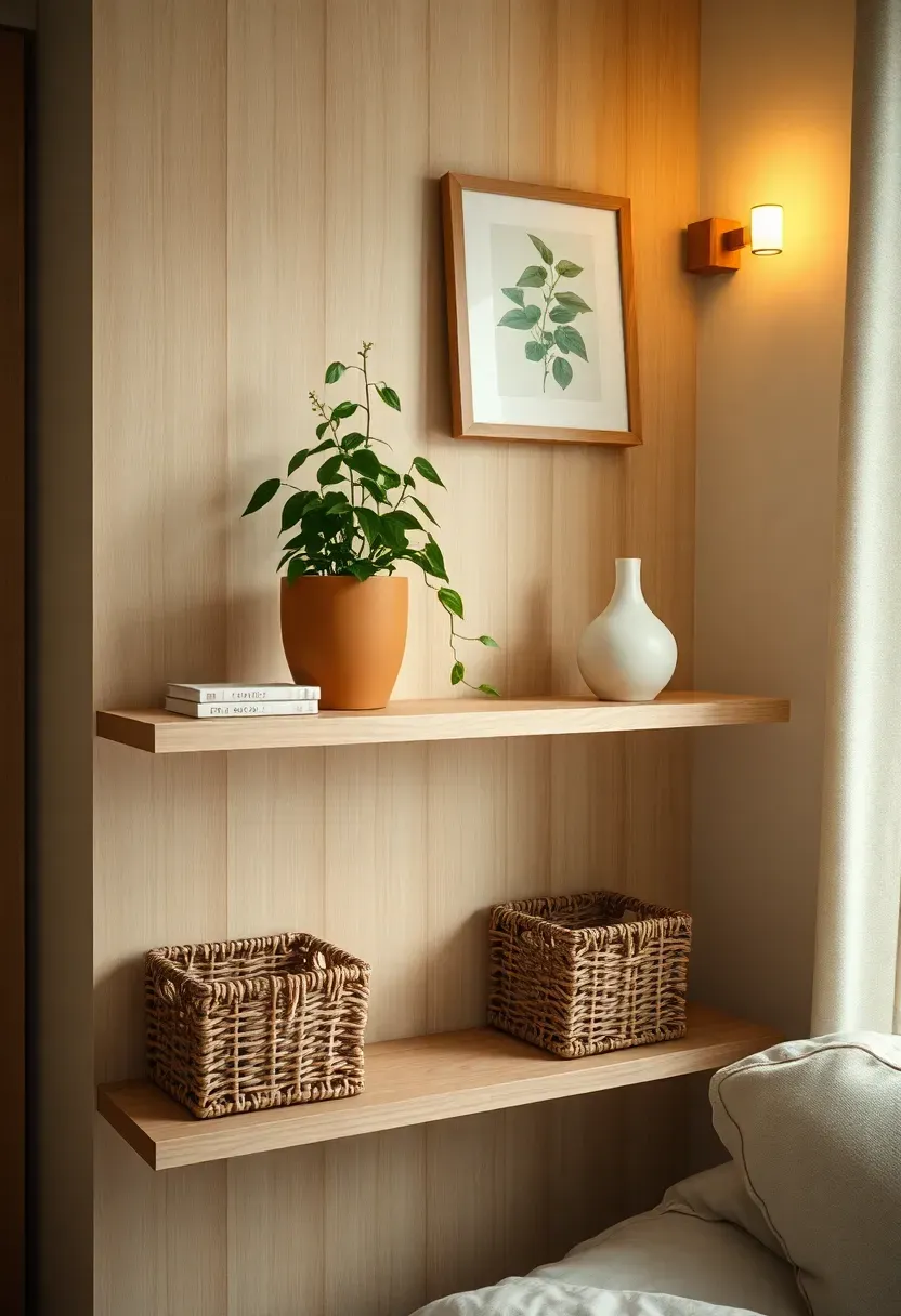 small bedroom with floor-to-ceiling floating shelves beside the bed, styled with books, plants, and small objects, wall-mounted reading light