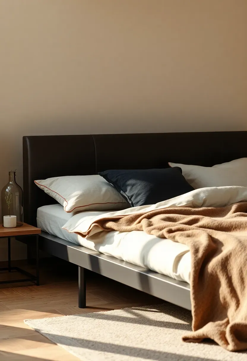 Low platform bed with matte black accents