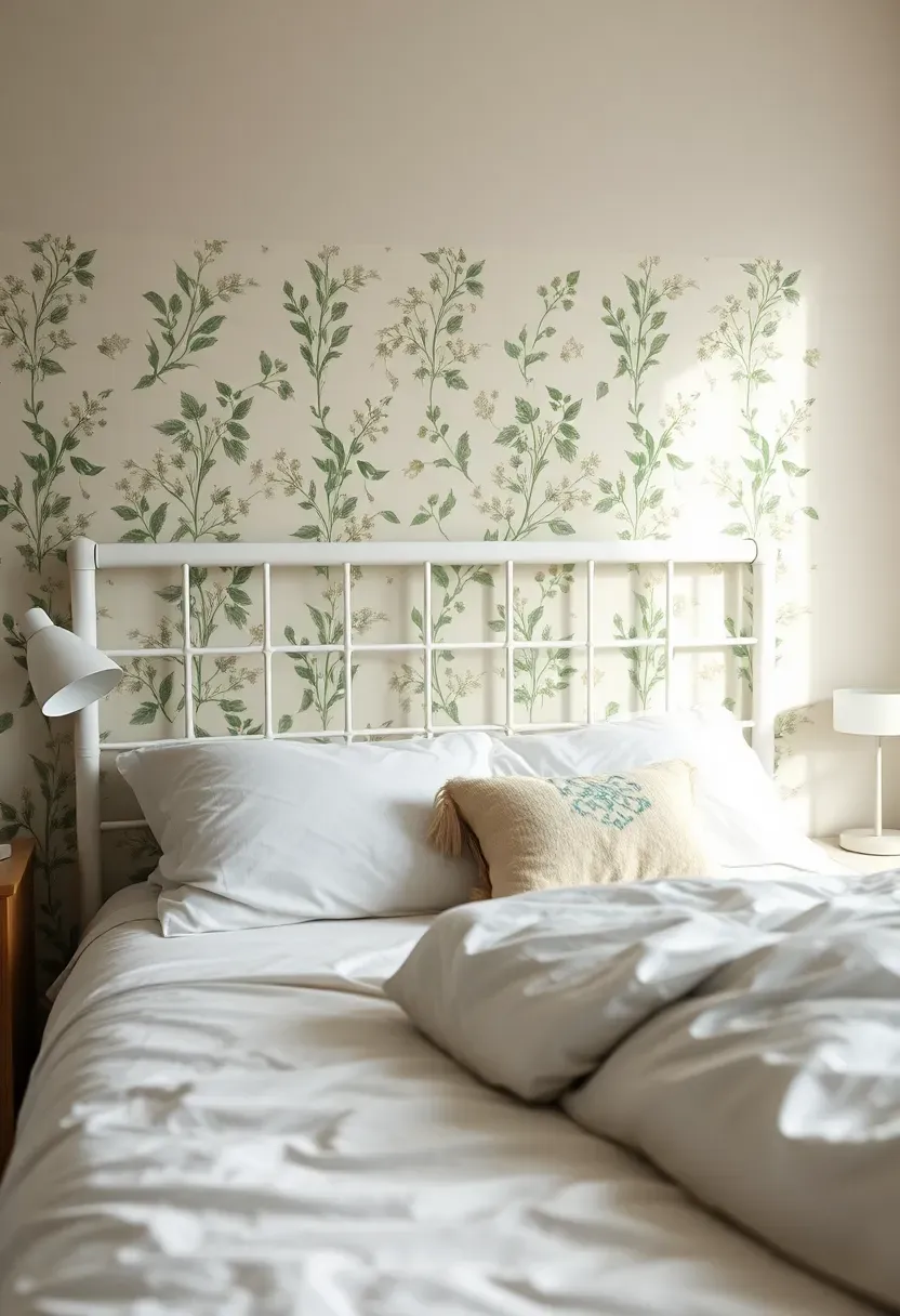 dorm room accent wall with peel-and-stick floral wallpaper behind bed white bedframe and matching lamp
