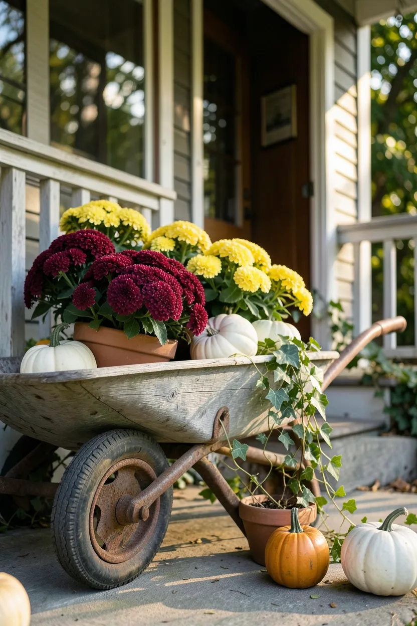 Hyper-realistic 3/4 view of a fall front porch featuring a vintage wooden wheelbarrow filled with blooming mums in burgundy and yellow, small white pumpkins, and trailing English ivy. Materials: weathered gray wheelbarrow wood, rusted metal wheel, terracotta mum pots, smooth pumpkin surfaces, glossy ivy leaves. Warm afternoon sunlight with soft shadows, dappled light through nearby trees. Rustic abundant atmosphere. Shallow depth of field, sharp details on wheelbarrow texture, balanced composition showing front door and porch railing. No text, no logos, no watermarks.</p>