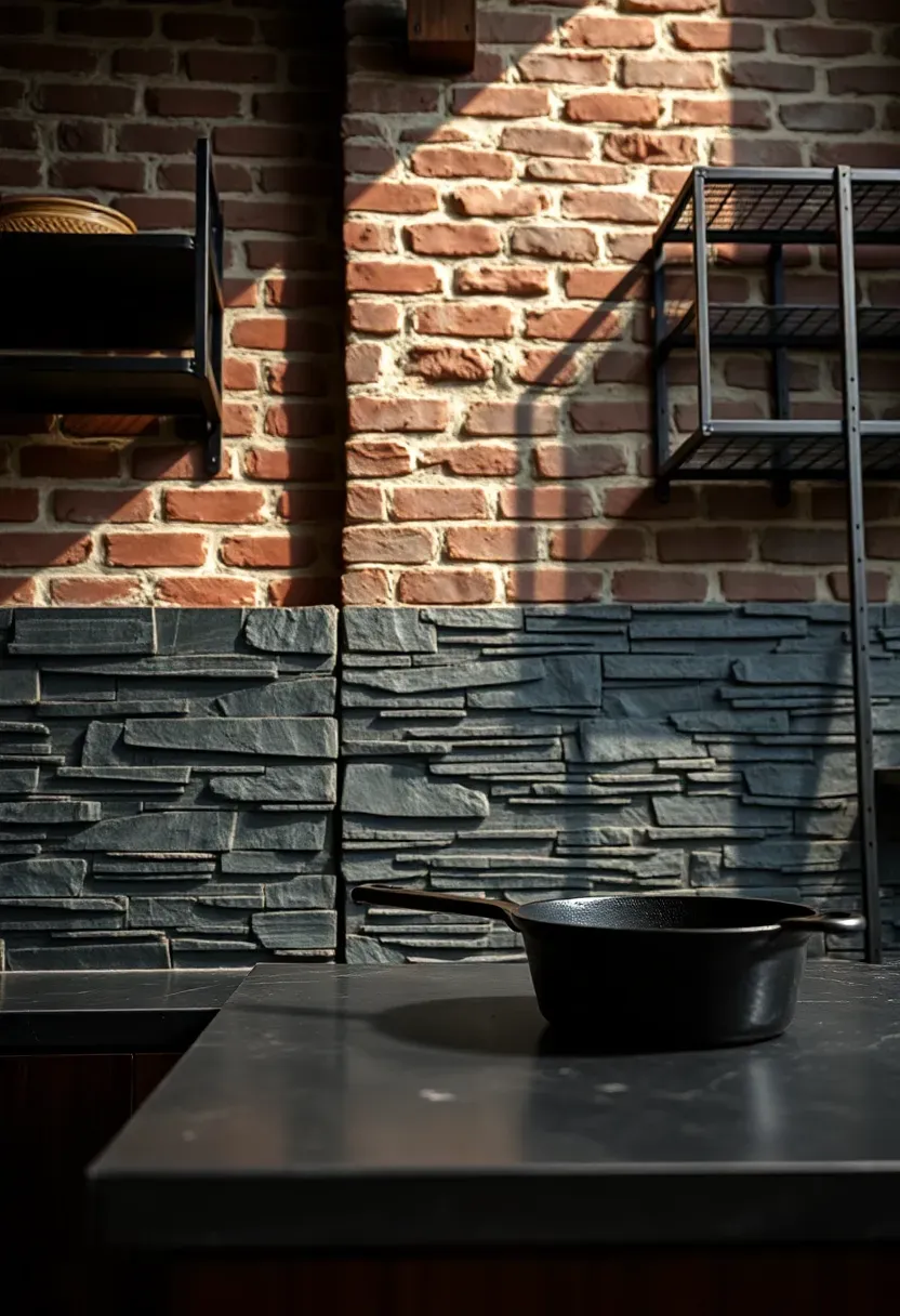 natural split face slate tile backsplash with rough textured surface behind a rustic industrial kitchen with exposed brick