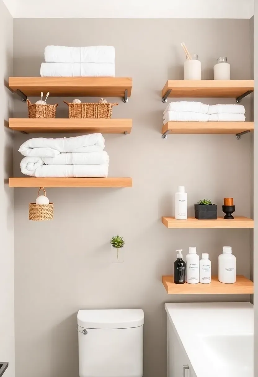 Light wood floating shelves above a toilet in a rental bathroom holding woven baskets and folded towels