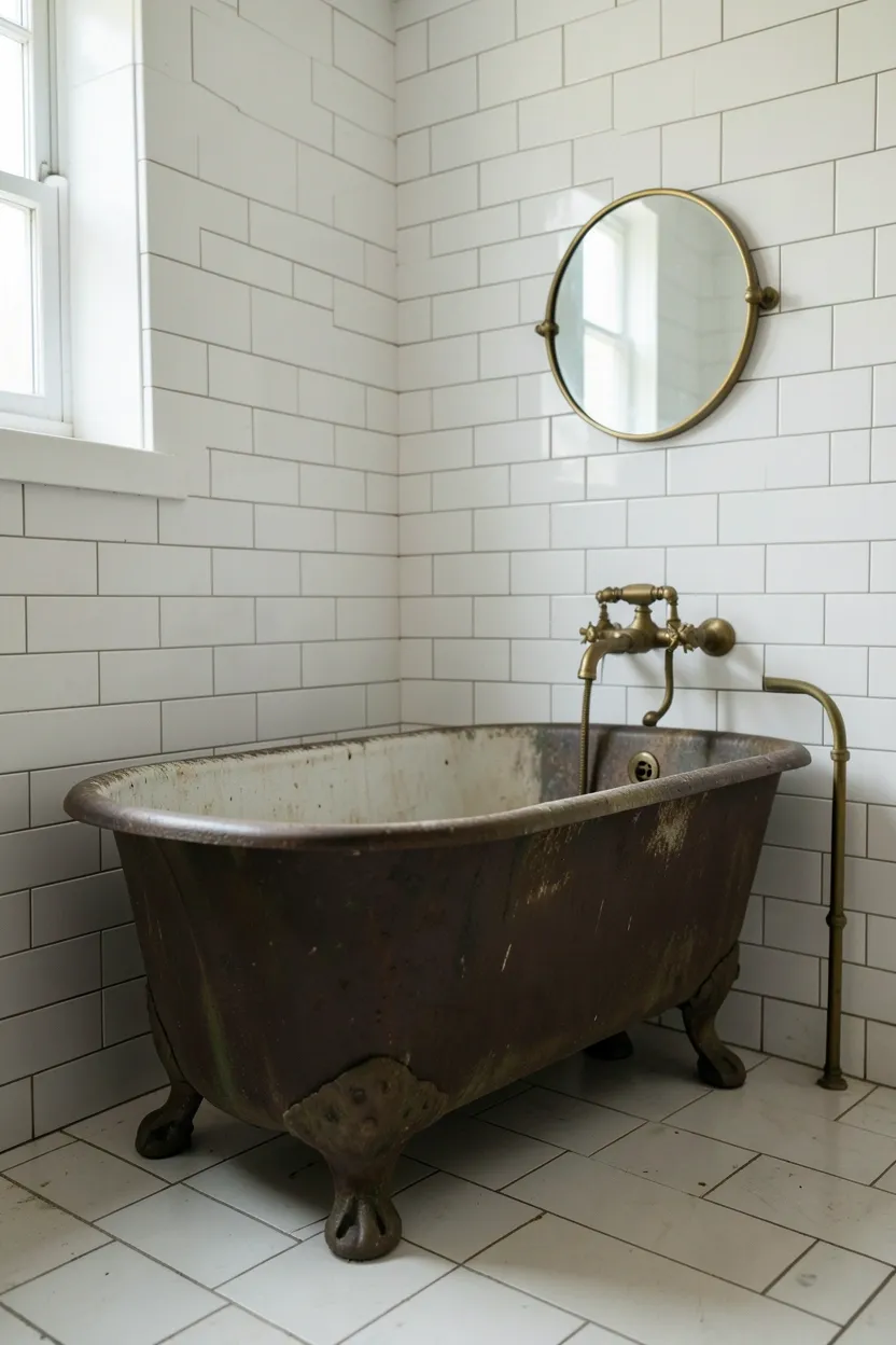 Hyper-realistic 3:4 view of a rustic bathroom featuring cast iron freestanding tub with clawfoot design, aged patina, brass floor-mounted fixtures, white subway tile walls, small round mirror on wall. Natural light. Materials: cast iron tub, brass fixtures, white ceramic tiles. Rustic cast iron tub with brass. Authentic aged metal details. No text, no logos, no watermarks.</p>