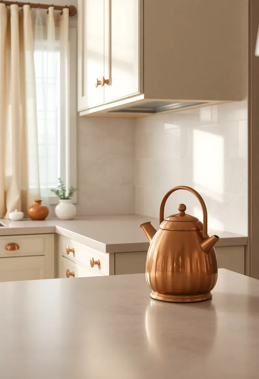 honed limestone tile backsplash in a warm neutral kitchen with cream cabinetry and copper accents