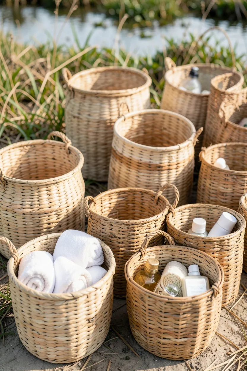 Woven seagrass storage baskets in tan and warm brown on a bathroom shelf holding towels and toiletries