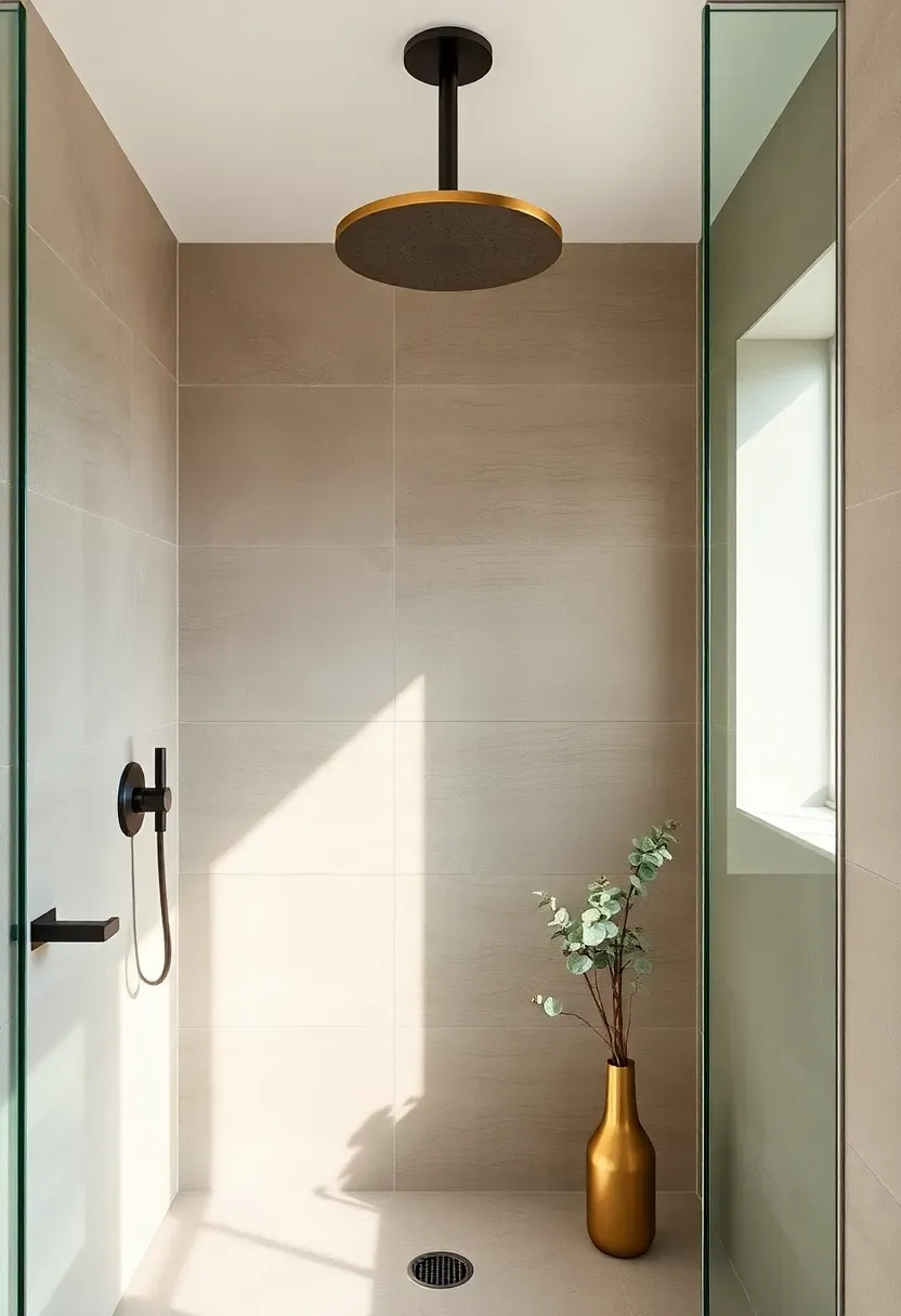 Mixed metal shower fixtures with brushed brass showerhead, matte black handles, and chrome controls in a tile shower