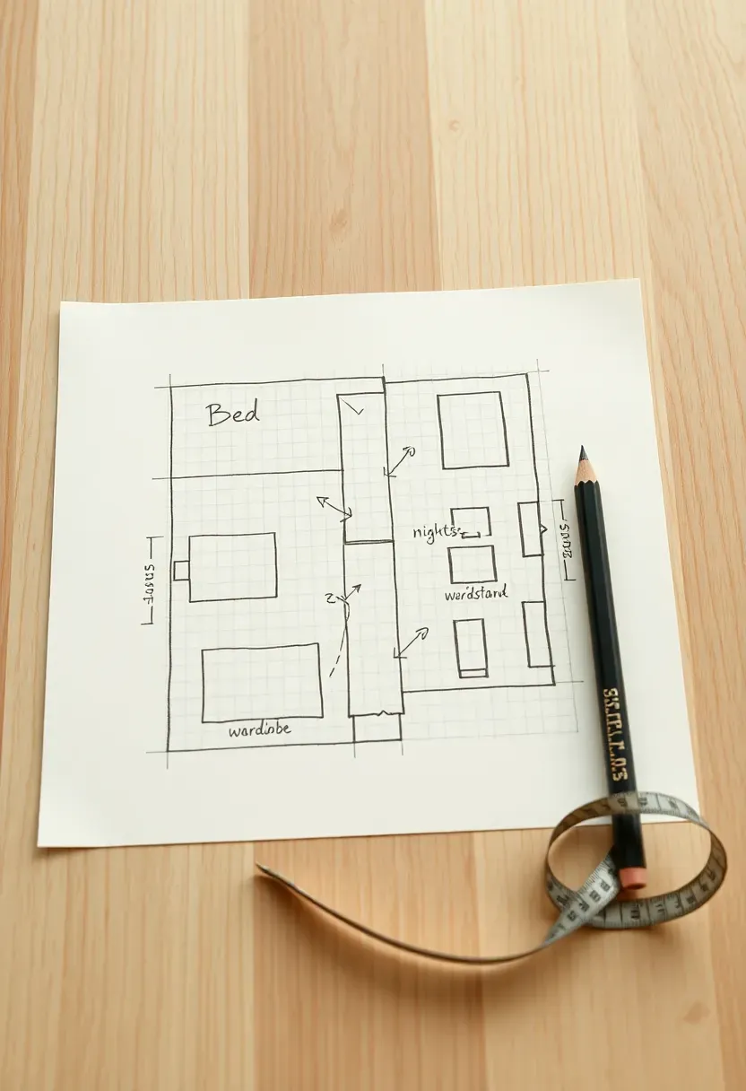 small bedroom floor plan sketched on graph paper with furniture outlines measured and repositioned for better flow