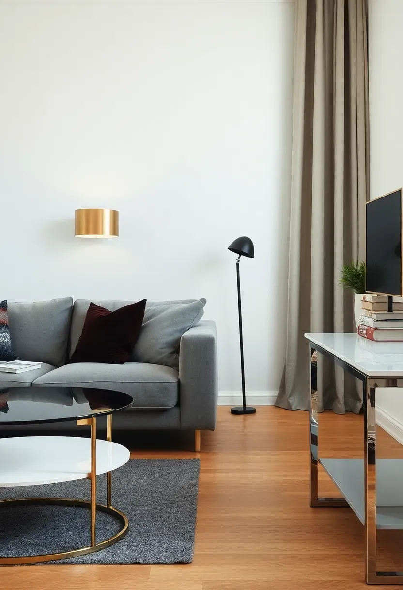 Hyper-realistic 3/4 view of minimalist living room mixing brass chrome and black metals. Materials: brass floor lamp with simple shade, chrome coffee table legs, black metal curtain rod, brass picture light above art, console table with chrome legs. Gray sofa, white walls, oak floor. Soft light emphasizing metal finishes and reflections. Consistent metal mixing throughout space.</p>