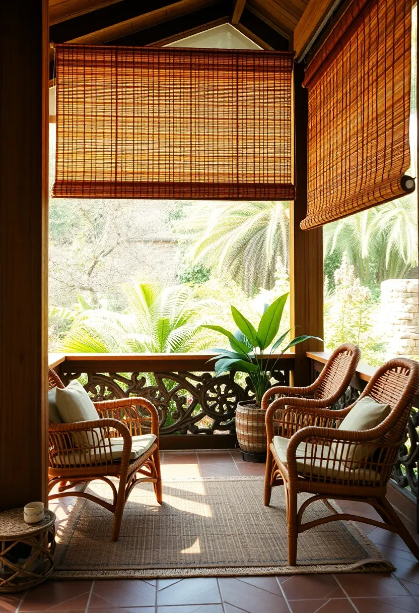 Bamboo roll-up shades mounted between wooden porch columns, partially lowered to filter sunlight over a tropical-style outdoor seating area