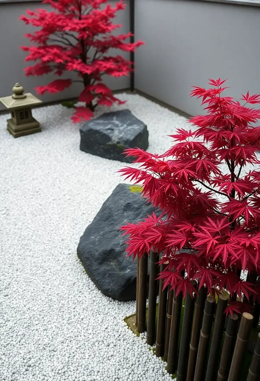 A small backyard Japanese zen garden with raked white gravel, carefully placed dark boulders, a stone lantern, and a single Japanese maple tree with red foliage