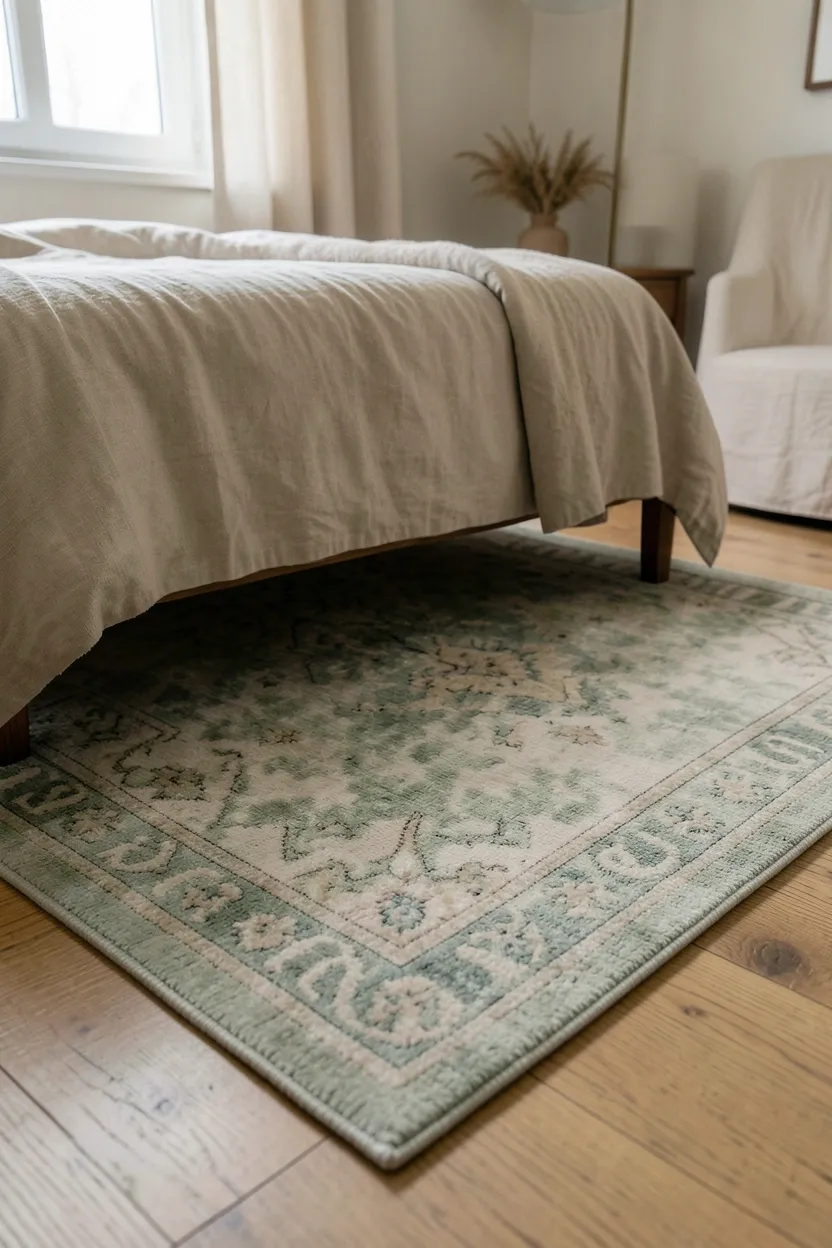 Vintage-style area rug with faded sage green and beige tones on hardwood floor beneath a neutral bedroom setup