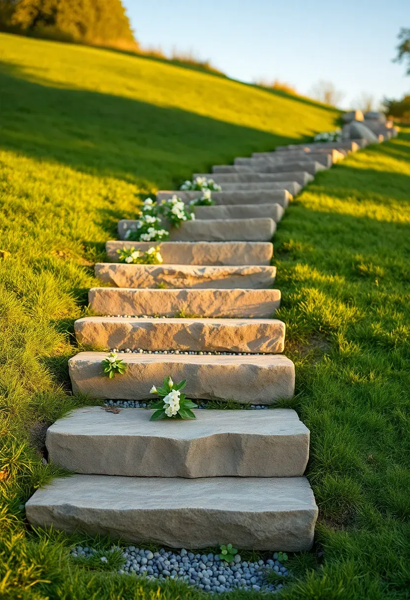 Stacked natural stone steps ascending a grassy backyard hillside with ground cover plants and boulders on each side
