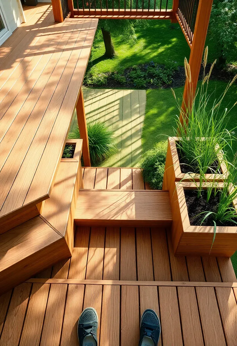 Multi-level cedar deck with built-in planter boxes full of ornamental grasses stepping down into a backyard