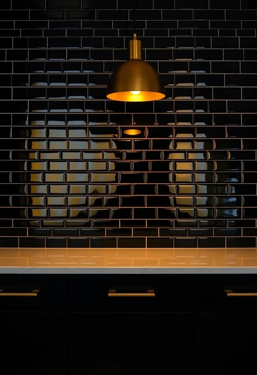 glossy black subway tile backsplash reflecting kitchen pendant lights in a moody modern kitchen