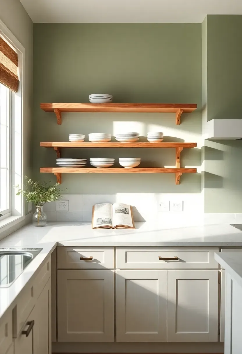 white kitchen with open floating shelves instead of upper cabinets with sage green painted wall acting as backsplash