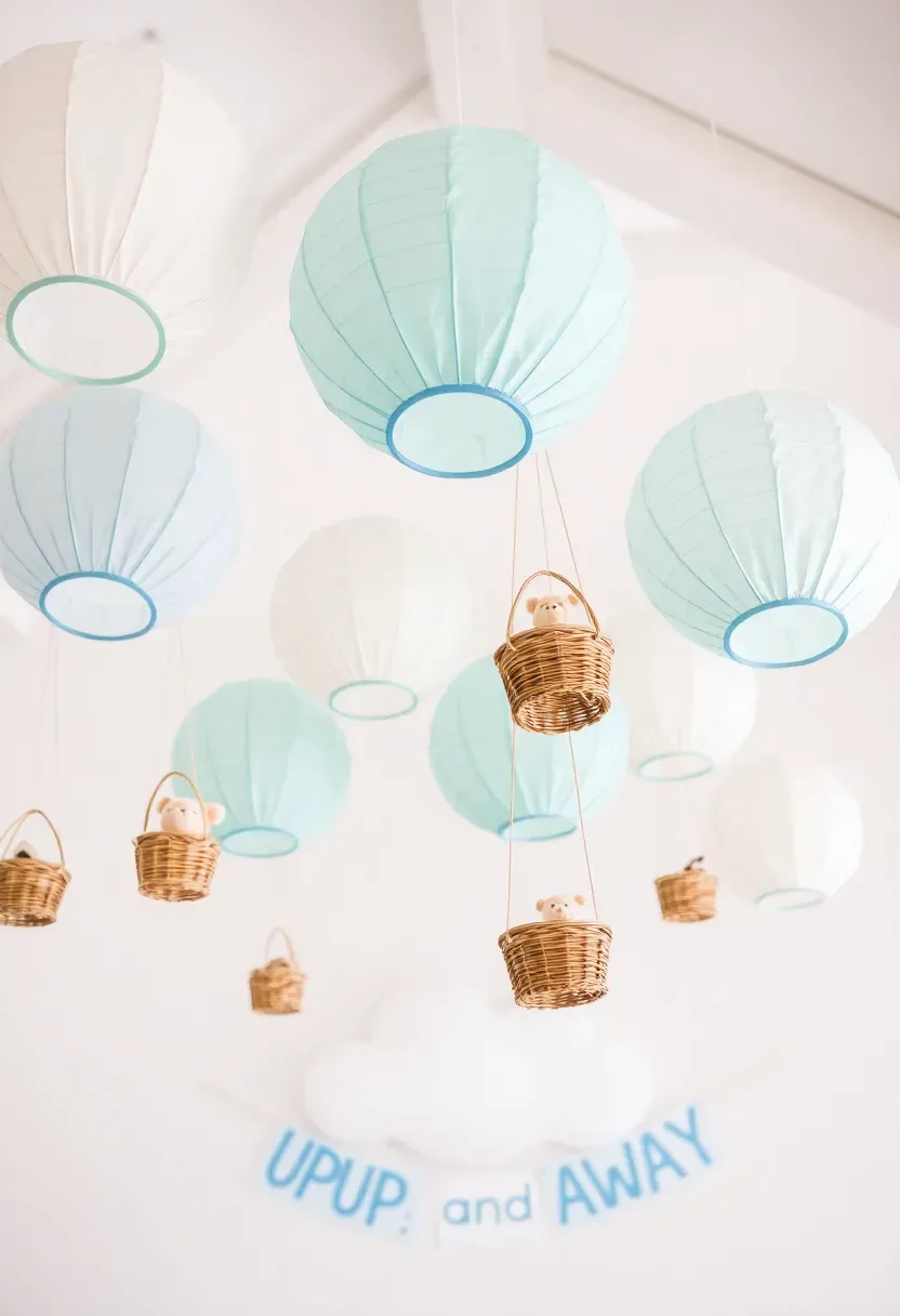 pastel hot air balloon decorations hanging from ceiling at a baby boy shower