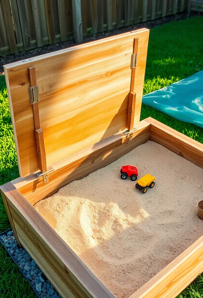 Wooden sandbox with hinged bench cover that folds open, filled with clean play sand, toy trucks visible inside