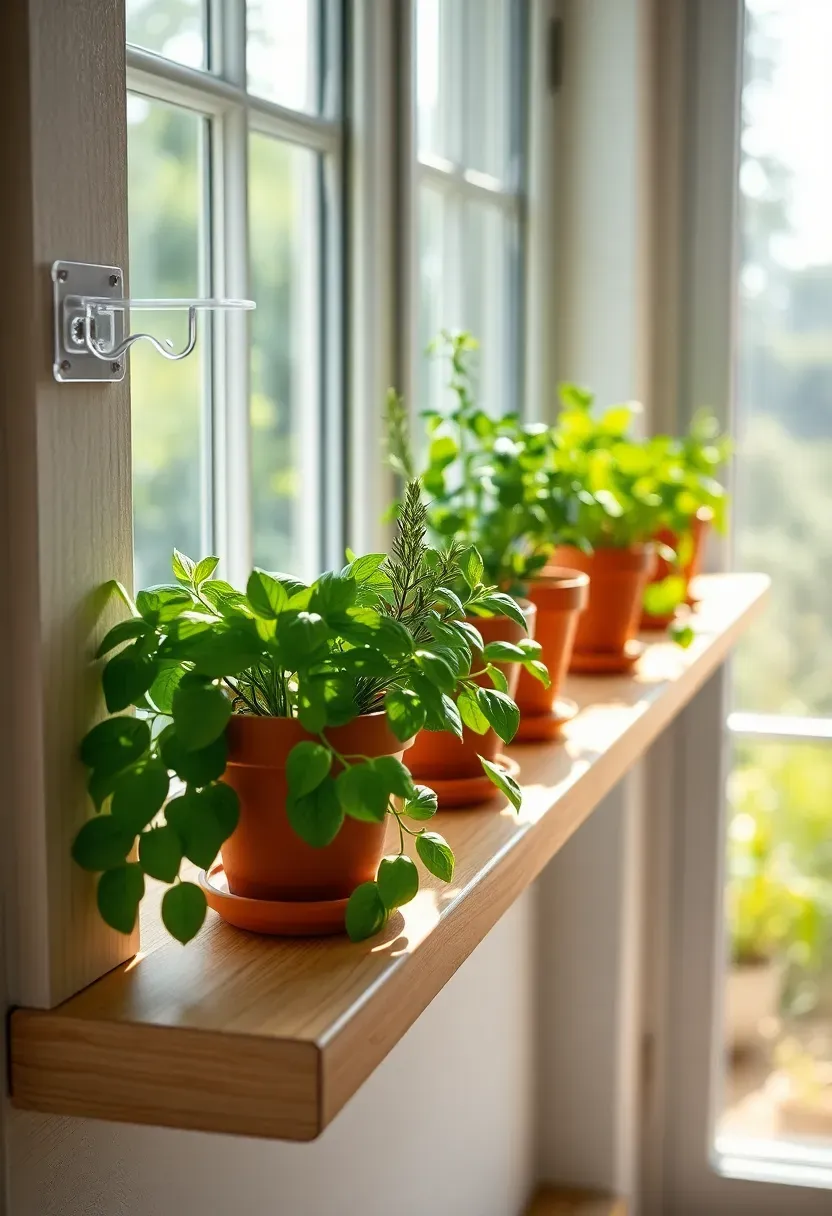 Narrow floating wooden shelves installed across a sunroom window filled with small herb pots, terracotta saucers, and morning light filtering through green basil leaves
