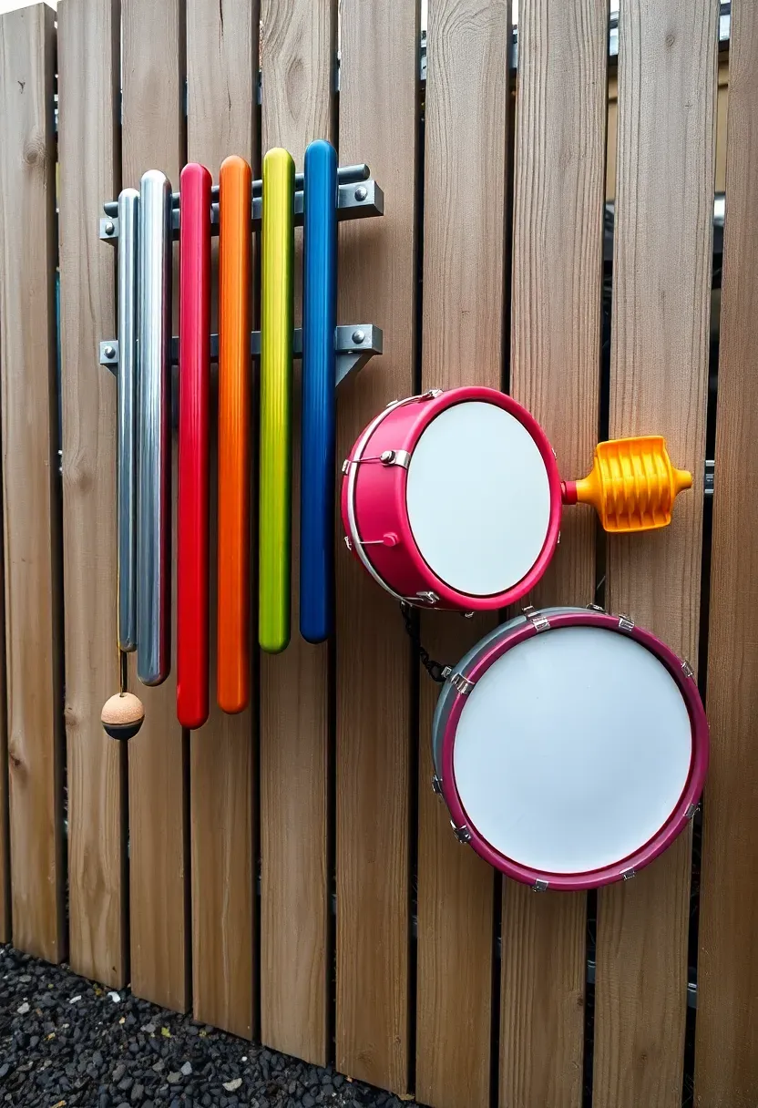 Outdoor musical instrument wall with colorful chimes, drums, xylophones, and spinning noise makers mounted on a wooden fence