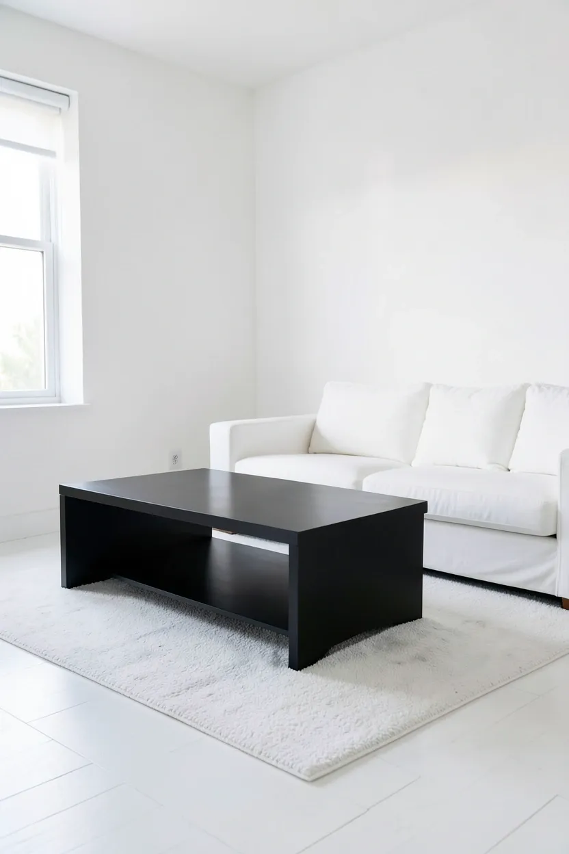 Sleek matte black rectangular coffee table anchoring a white minimalist living room with light hardwood flooring and neutral area rug