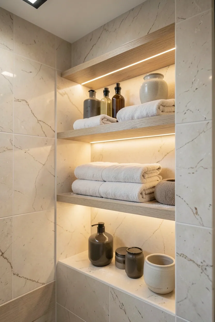 Recessed built-in wall shelves displaying rolled white towels and glass bottles in a calm modern bathroom