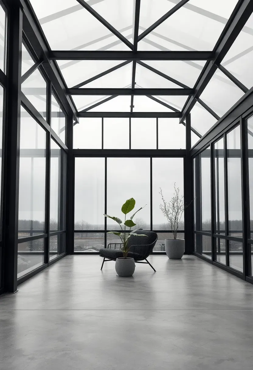 Minimalist steel-frame solarium with black metal framework, floor-to-ceiling clear glass, a single modern lounge chair, and a concrete floor reflecting sky light