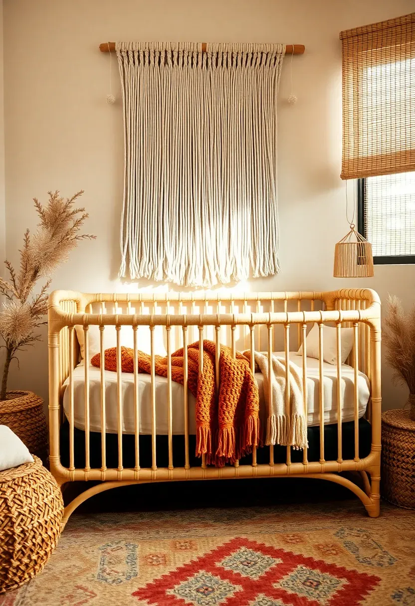 boho boy nursery with macrame wall hanging rattan crib and warm neutral bedding