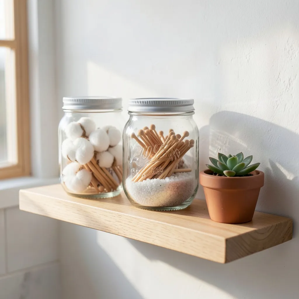 Mason jars repurposed as bathroom storage on floating wooden shelf