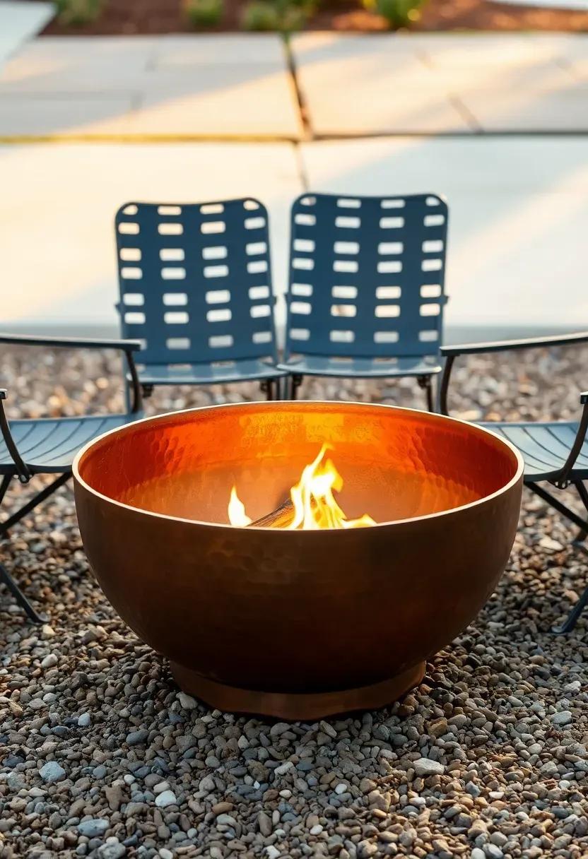 Hyper-realistic 3/4 view of a portable copper firebowl on a gravel patio area showing the hammered copper bowl with warm fire glowing inside, surrounded by three folding outdoor chairs positioned around it. Materials: hand-hammered copper with natural patina, decorative gravel base, powder-coated metal folding chairs, visible pavers or concrete edge beyond gravel. Late afternoon golden hour sunlight with warm fire glow beginning, creating inviting atmosphere. Portable and flexible design emphasis, visible construction details in copper hammering. Simple uncluttered arrangement, feeling of easy setup and movability. Shallow depth of field showing copper texture foreground with chairs and patio context mid-ground. No text, no logos, no watermarks.</p>