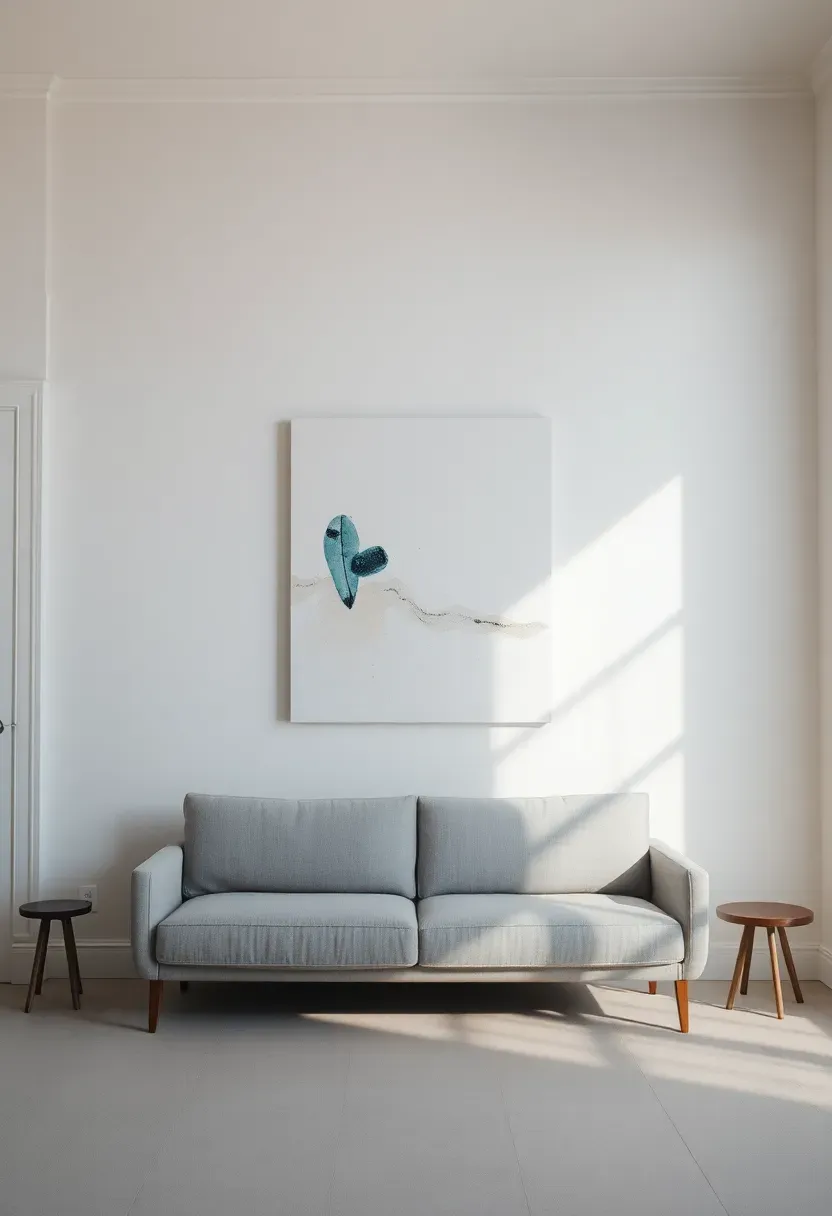 Hyper-realistic view of minimalist living room white wall with single large abstract artwork as focal point, simple gray sofa below, minimal furniture, abundant negative space around art. Materials: white painted walls, large canvas artwork, gray linen sofa. Natural light, gallery-like serene mood. Single artwork as statement piece, shallow depth of field, no text, no logos.</p>