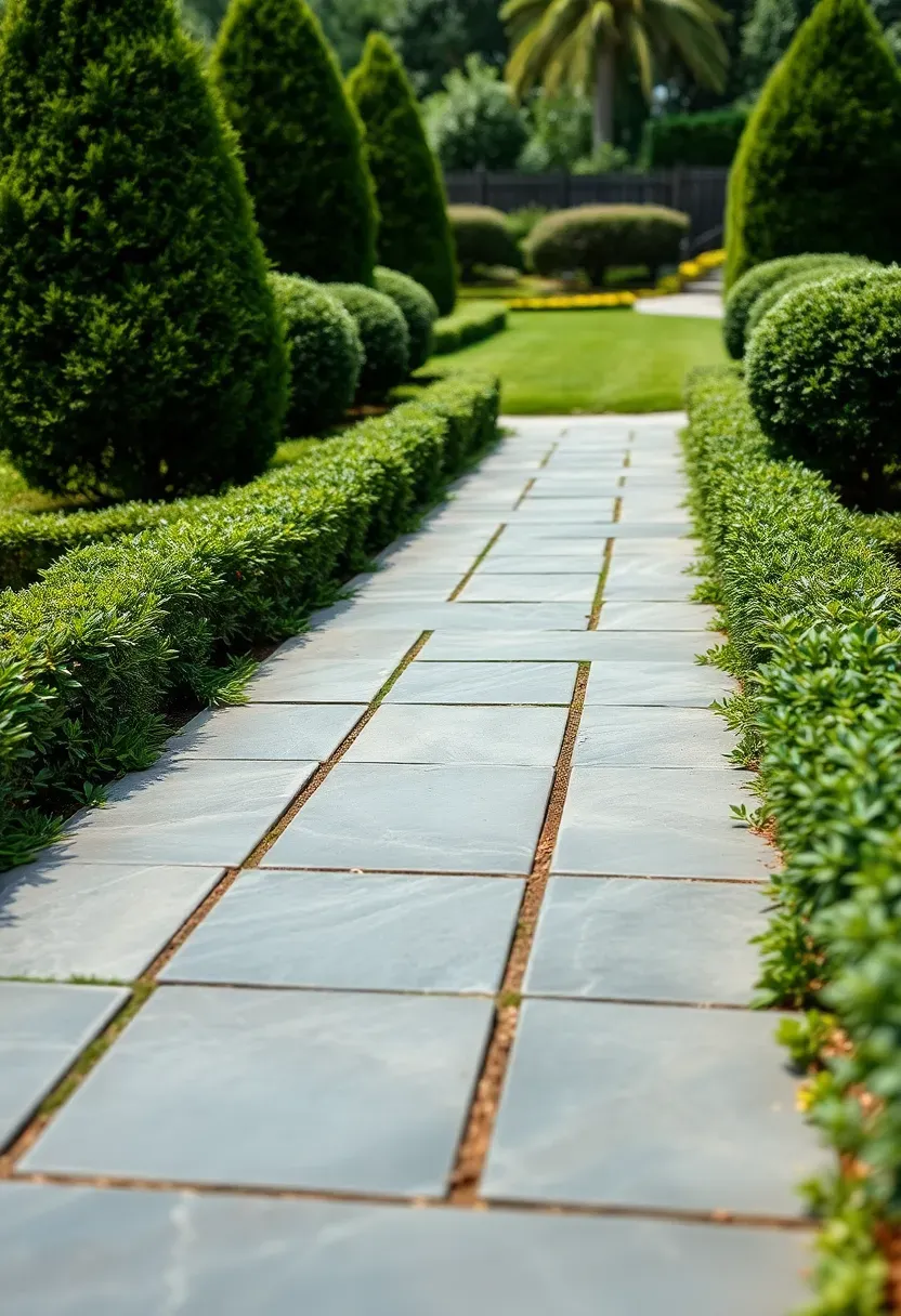 Formal bluestone slab walkway with tight joints and low boxwood border leading through a manicured backyard