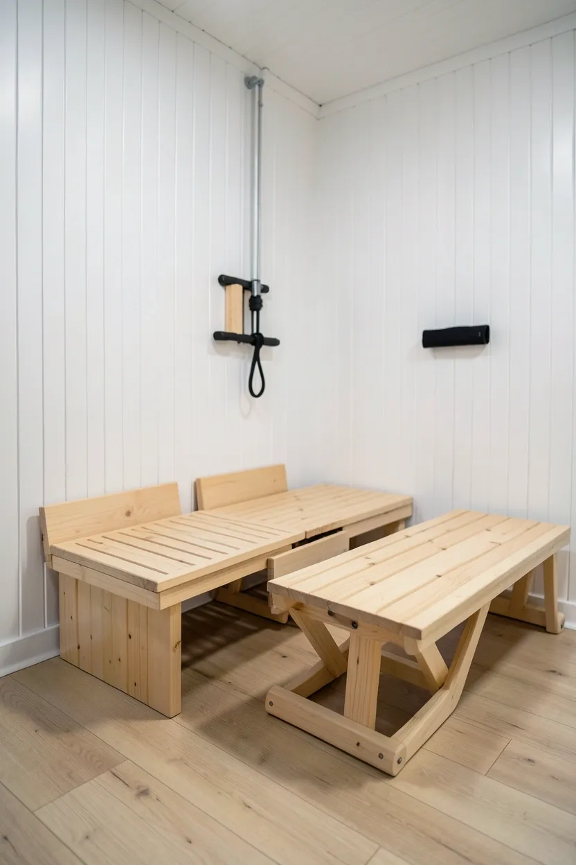 Compact apartment gym with folding cedar sauna bench along light oak wall, wall-mounted exercise equipment preserving small-space floor area