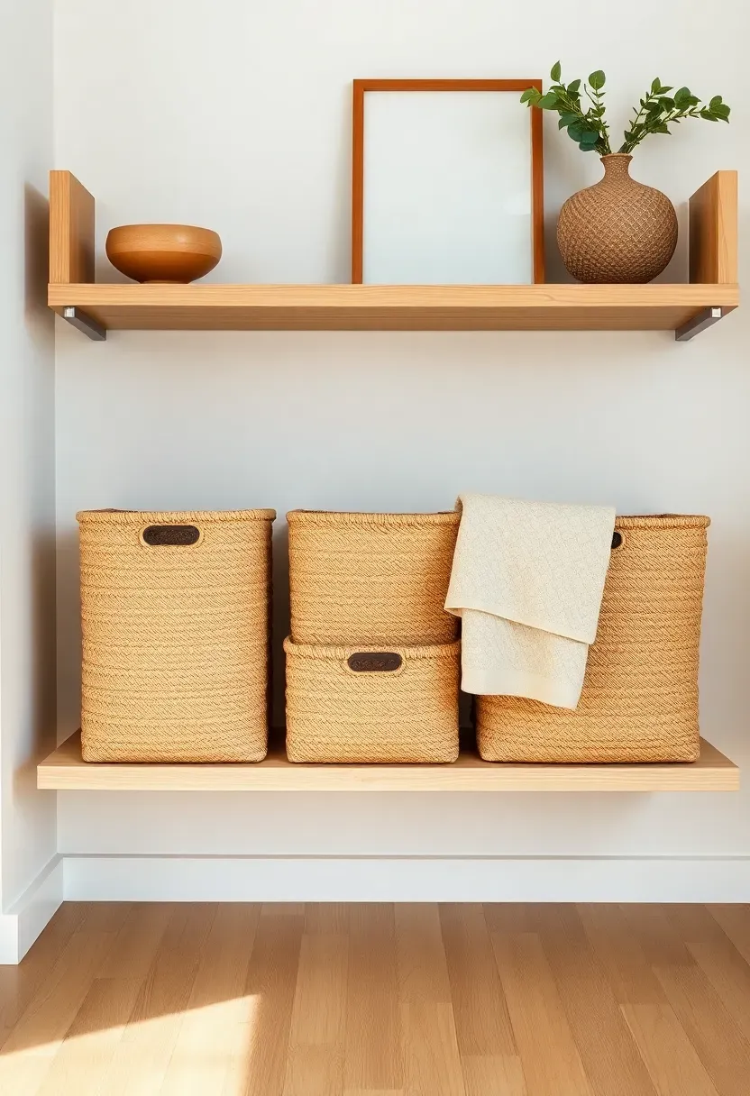 Hyper-realistic medium shot of three woven seagrass storage baskets on the bottom shelf of a light oak floating wall unit. The baskets have uniform natural tan color, visible woven texture, and rectangular shapes. One basket has a folded throw blanket partially visible. Warm white walls, light oak flooring. Minimal decor above. Materials: seagrass weave, oak wood shelf, linen blanket. Soft natural lighting. Clean composition. No text, no logos, no watermarks.</p>