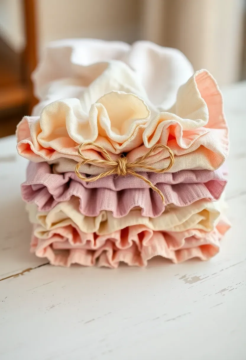 Stack of hand-sewn ruffled linen napkins in soft blush, cream, and lavender tones tied with twine on a distressed white dining table