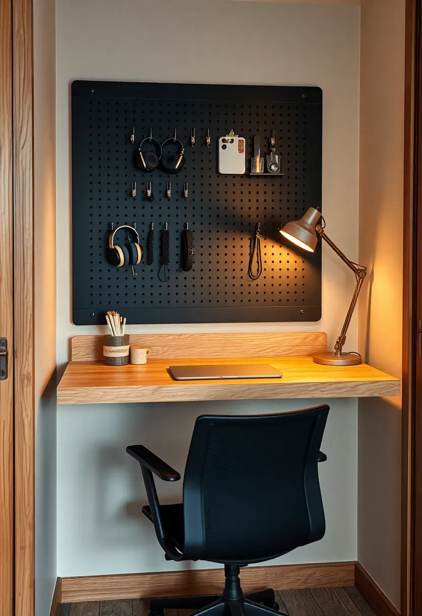 Small home office nook in a basement apartment with a wall-mounted desk, task lamp, pegboard organizer, and ergonomic chair