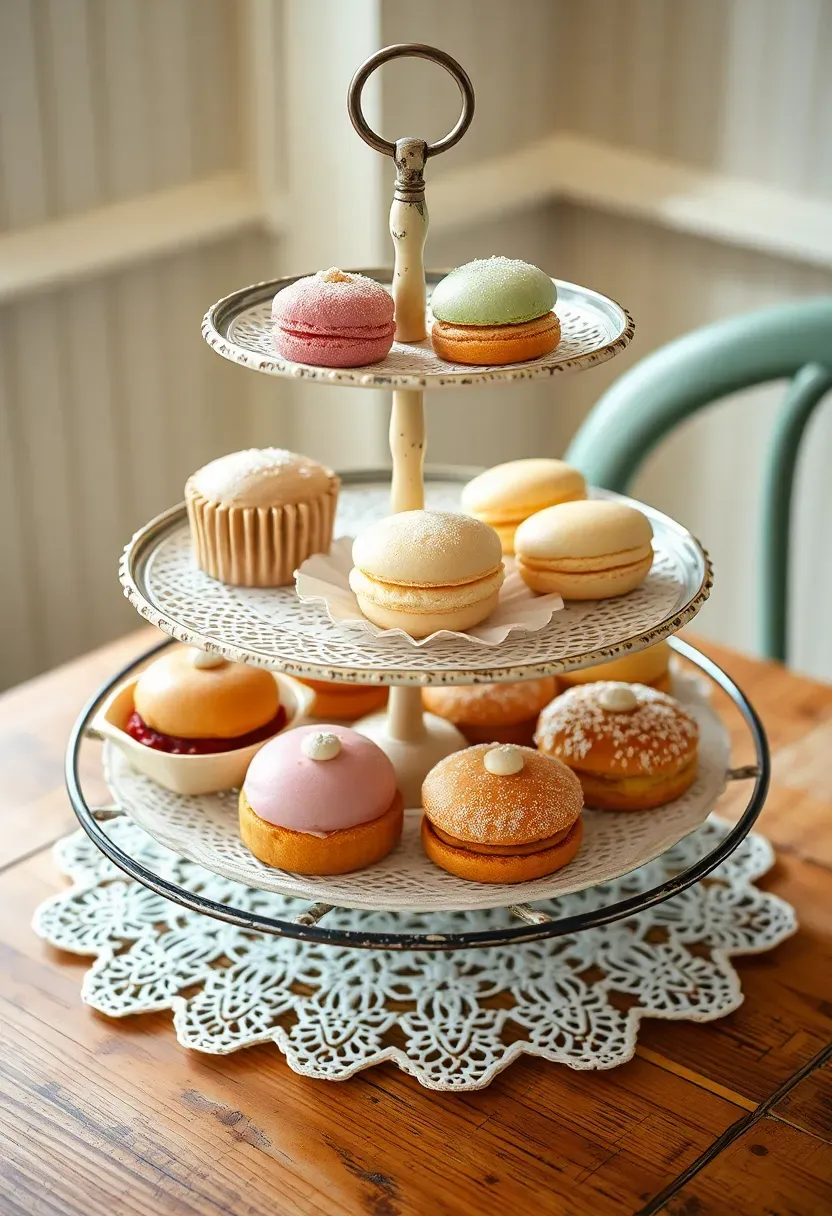 Three-tier vintage metal tray stand displaying petit fours, macarons, and sugar-dusted scones on a shabby chic dining table with lace doilies